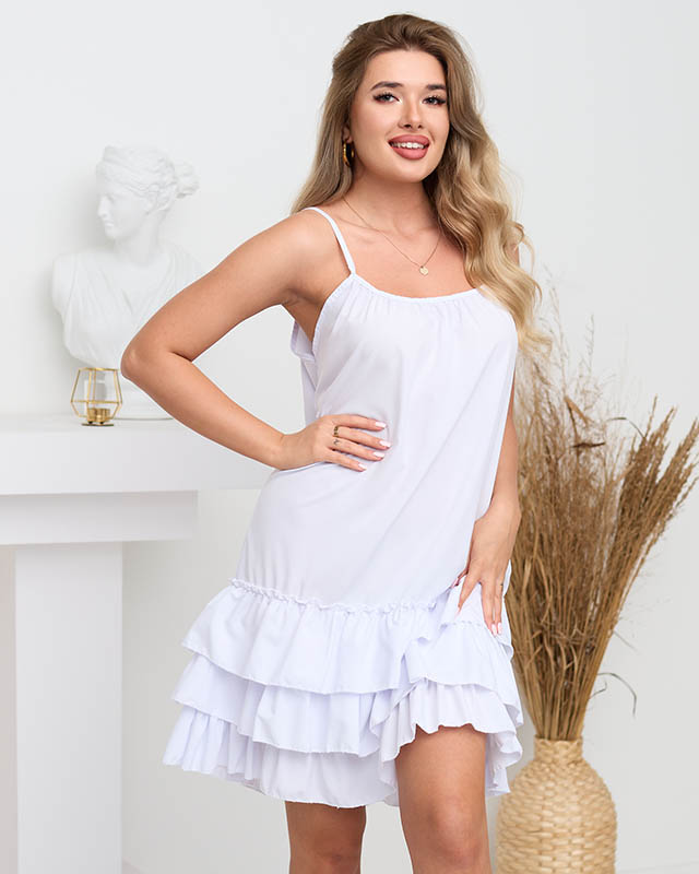 Biała damska sukienka na ramiączkach z falbankami - Odzież