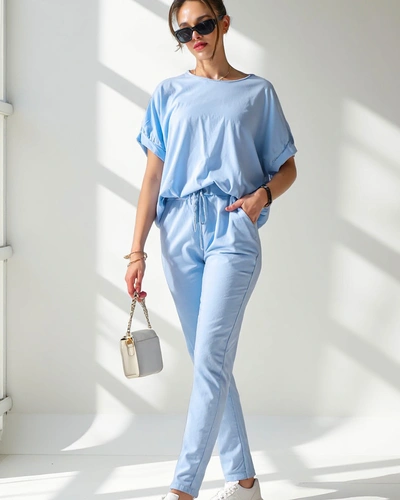 Royalfashion Bawełniany damski komplet z krótkim rękawem i prostymi spodniami