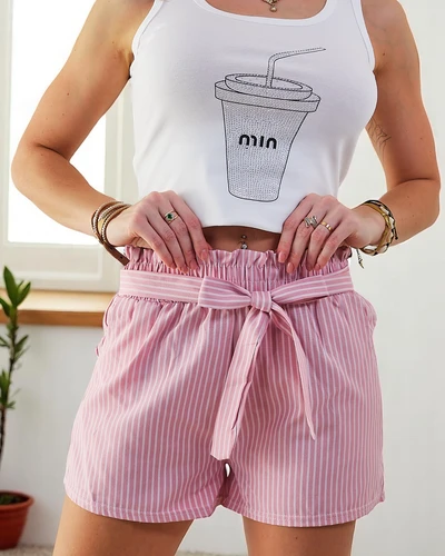 Royalfashion Krótkie spodenki damskie z gumką i troczkami w pasie we wzór w paski