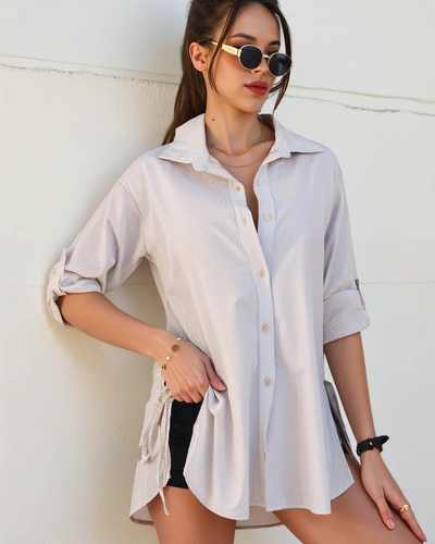 Royalfashion Bawełniana dłuższa damska koszula w paski z wiązaniem w talii