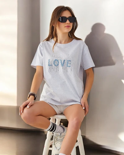 Royalfashion Bawełniany damski t-shirt LOVE z cyrkoniami