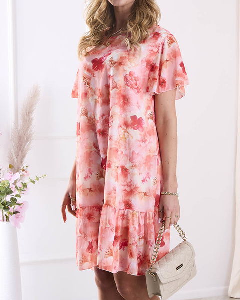 Royalfashion Sukienka damska do kolana z printem i falbanką w kolorze pomarańczowym