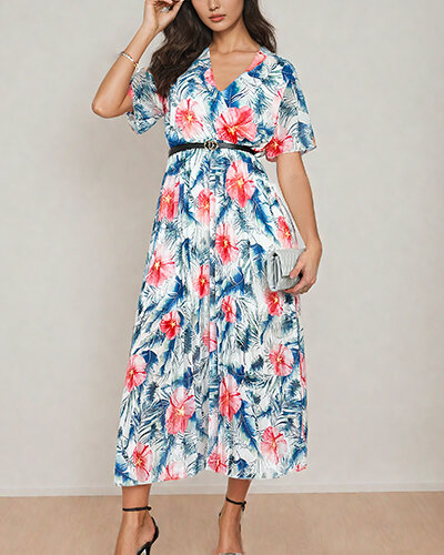 Royalfashion Damska plisowana sukienka midi w kwiaty