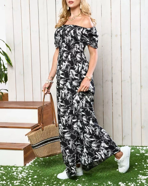 Royalfashion Czarno- biała sukienka damska maxi z printem