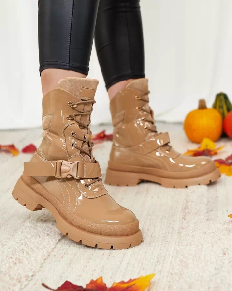 Royalfashion Lakierowane botki damskie w kolorze jasnobrązowym Setogy