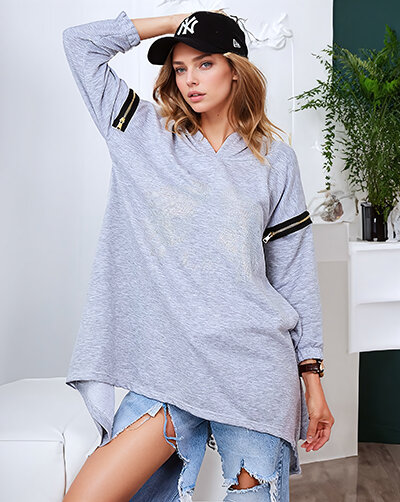 Royalfashion Szara damska oversizowa bluza z cyrkoniami