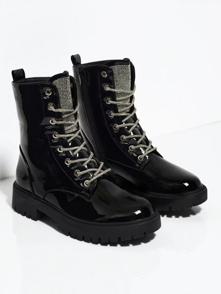 Botki Damskie Athena Czarne Lakierowane Eleganckie na Jesień