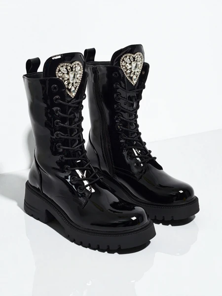 Botki Damskie Luna Czarne Lakierowane Stylowe na Jesień