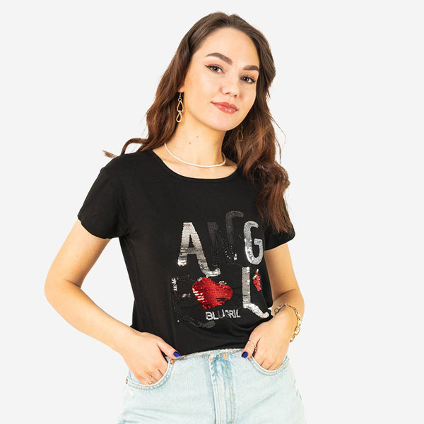 Royalfashion Czarny damski t-shirt z napisem z cekinów