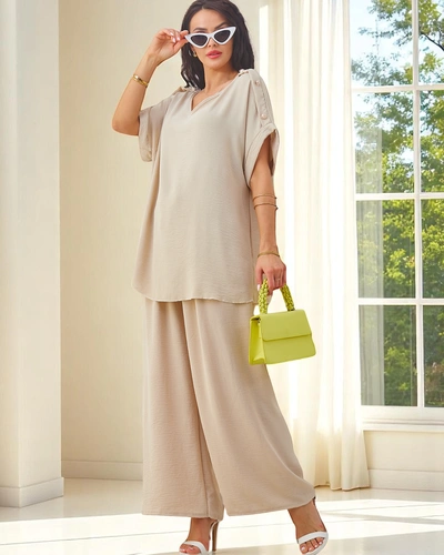 Royalfashion Bawełniany damski komplet z krótkim rękawem i poszerzanymi spodniami