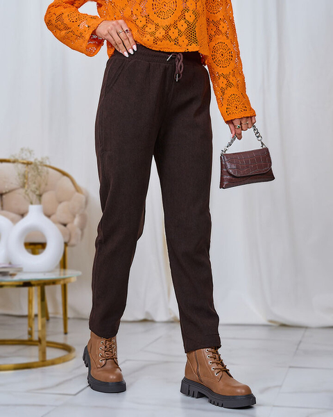 Royalfashion Ciemnobrązowe sztruksowe damskie spodnie materiałowe