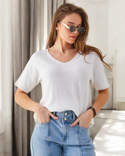 Royalfashion Cienki damski sweterek z krótkimi rękawami