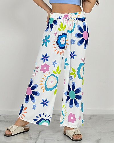 Royalfashion Szerokie spodnie damskie materiałowe w kwiaty