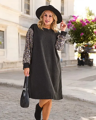 Royalfashion Damska sukienka tkaninowa z ozdobnymi rękawami PLUS SIZE