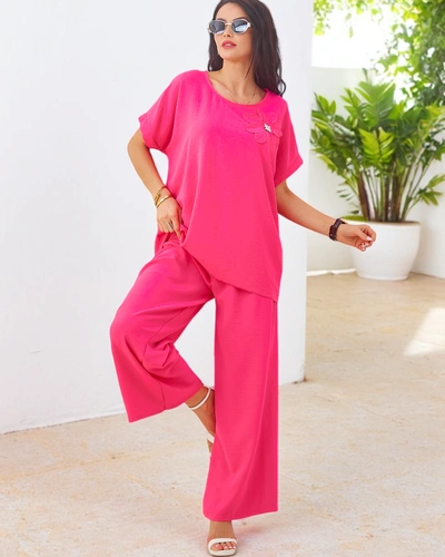 Royalfashion Damski komplet z krótkim rękawem, ozdobnym kwiatem i szerokimi spodniami