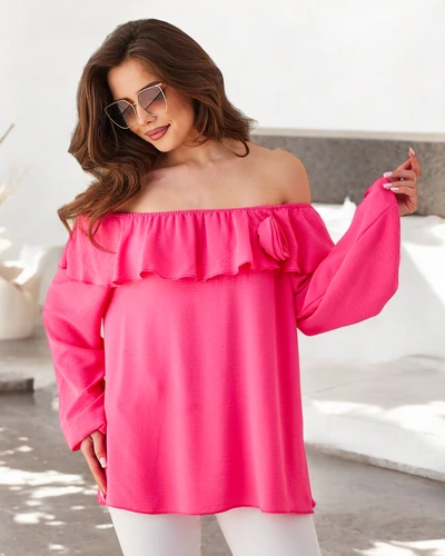 Royalfashion Bluzka damska a'la hiszpanka z falbanką i kwiatem