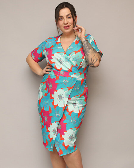 Royalfashion Damska sukienka tkaninowa w kwiaty PLUS SIZE