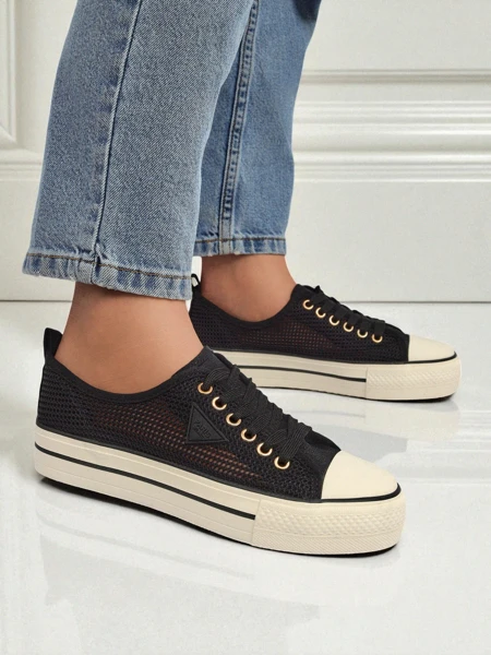 Melania Nero – damskie trampki z tkaniny mesh na płaskiej podeszwie 3cm