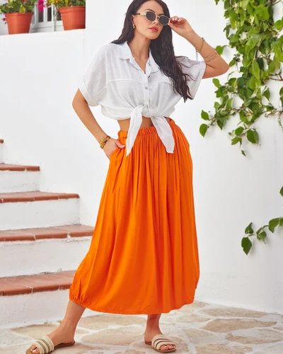 Royalfashion Wiskozowa Damska spódnica midi letnia i zwiewna z dwoma kieszeniami