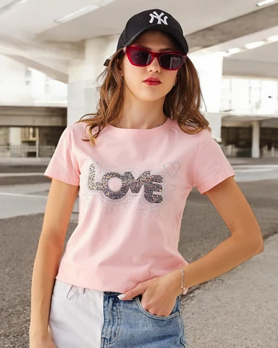 Royalfashion Bawełniany damski t-shirt LOVE z cyrkoniami