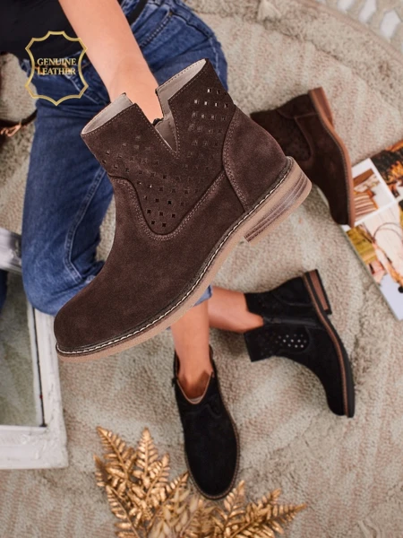 Aurelia Verona - Brązowe botki zamszowe damskie z naturalnej skóry, 3 cm obcas