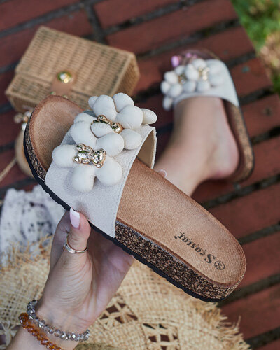 Royalfashion Damskie klapki ze złotymi misiami i kwiatkami Isaralle