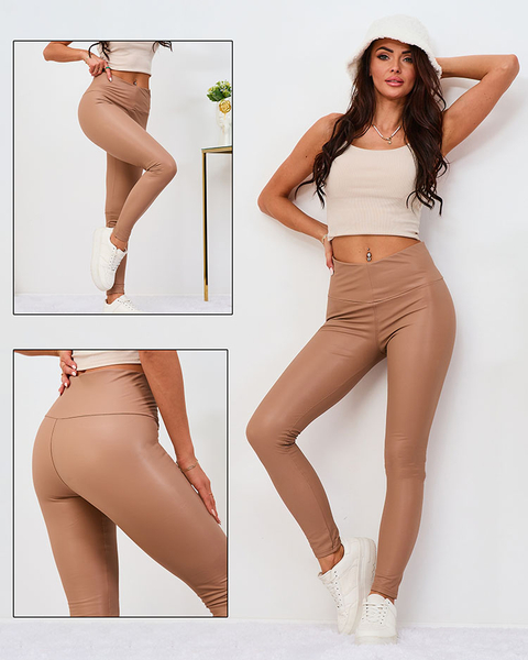 Royalfashion Damskie eko-skórzane ocieplane legginsy w beżowym kolorze