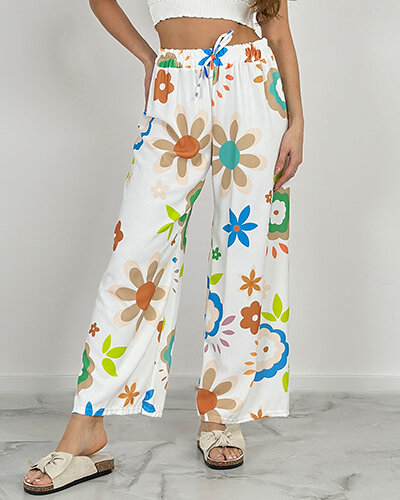 Royalfashion Szerokie spodnie damskie materiałowe w kwiaty