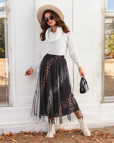 Royalfashion Wzorzysta damska spódnica midi z tiulem