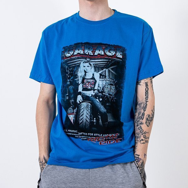 Royalfashion Niebieski bawełniany t-shirt męski zdobiony printem i napisem