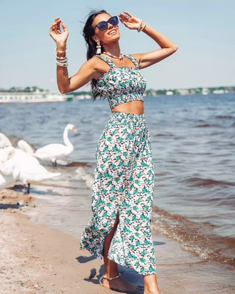 Royalfashion Miętowy damski komplet z printem w kwiaty