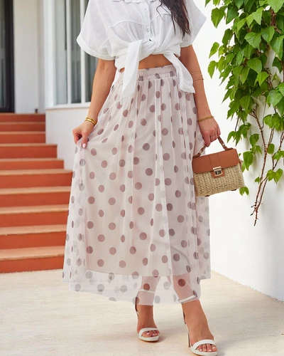 Royalfashion Wiskozowa damska spódnica midi z tiulem w kropeczki