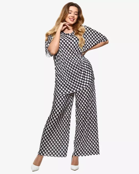 Royalfashion Czarny damski plisowany wzorzysty komplet