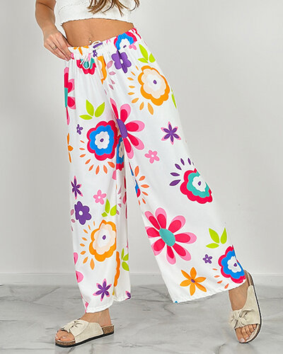 Royalfashion Szerokie spodnie damskie materiałowe w kwiaty