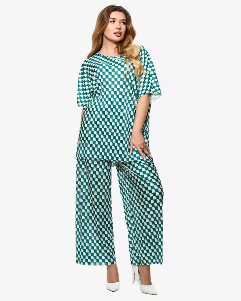 Royalfashion Zielony damski plisowany wzorzysty komplet