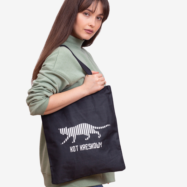 Czarna materiałowa torba z napisem i nadrukiem kota - Akcesoria