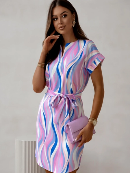 Royalfashion Sukienka damska do kolana z krótkimi rękawami i wiązaniem w różne paseczki