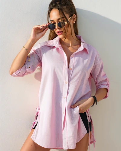 Royalfashion Bawełniana dłuższa damska koszula w paski z wiązaniem w talii