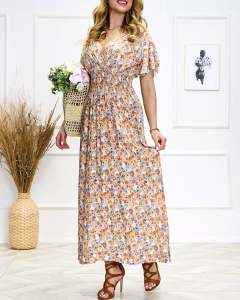 Royalfashion Pomarańczowo- niebieska damska kwiecista sukienka midi