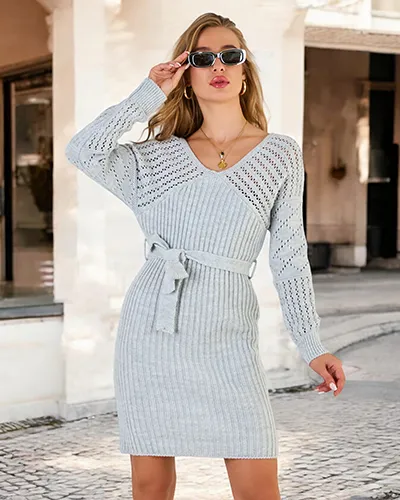 Royalfashion Damska sukienka sweterkowa z wiązaniem