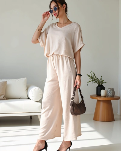 Royalfashion Damski komplet casualowy z bluzką z krótkim rękawem i szerokimi spodniami