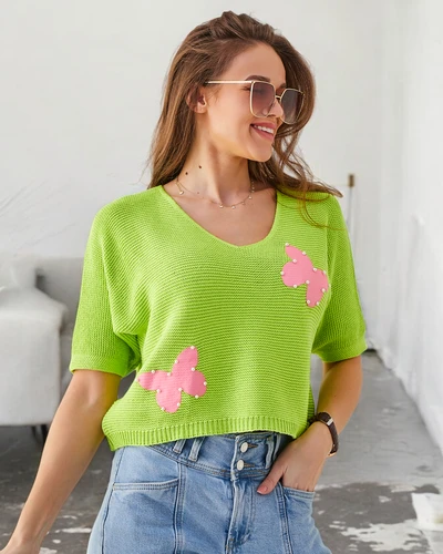 Royalfashion Жіночий бавовняний короткий светр з метеликами