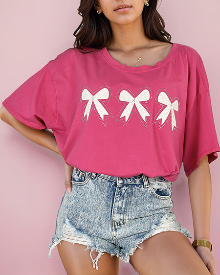 Royalfashion Damski t-shirt z naszywką w kształcie kokardki