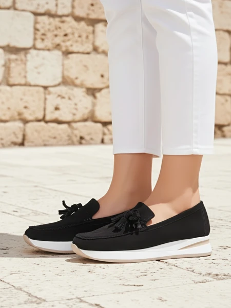 Жіночі лофери Aelia чорні із замшевої екошкіри на танкетці 4 см