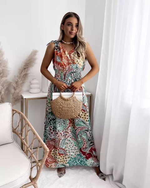 Royalfashion Wzorzysta zielono - pomarańczowa damska sukienka