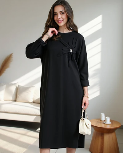 Royalfashion Damska sukienka midi tkaninowa oversize z kwiatem