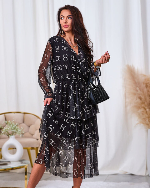 Royalfashion Czarna siateczkowa sukienka midi z printem
