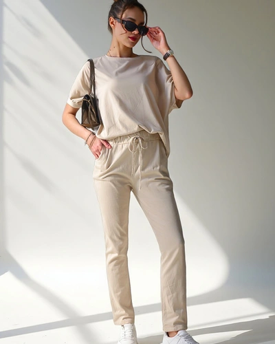 Royalfashion Bawełniany damski komplet z krótkim rękawem i prostymi spodniami