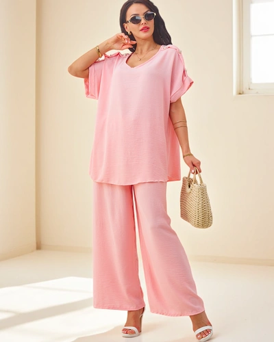 Royalfashion Bawełniany damski komplet z krótkim rękawem i poszerzanymi spodniami