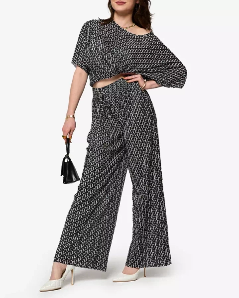 Royalfashion Czarny damski wzorzysty plisowany komplet